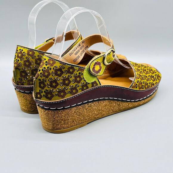 Spring Step L'Artiste Sandals Women 9.5 Green Leather Delphia Wedge Floral Strap - Picture 9 of 11